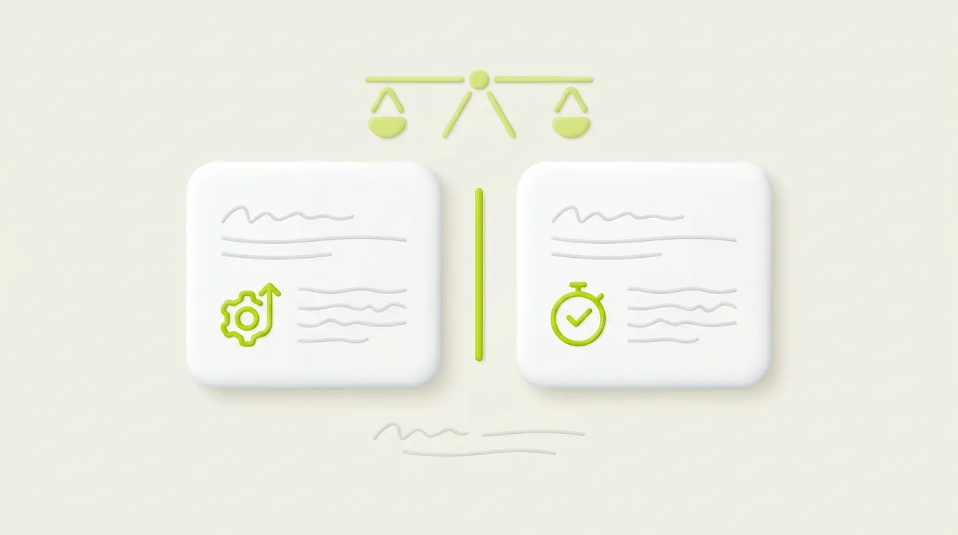 Conceptual illustration comparing AEO and GEO: two mirrored cards either side of a divider under a balance scale, one with a gear-and-arrow icon and one with a stopwatch-and-check icon.