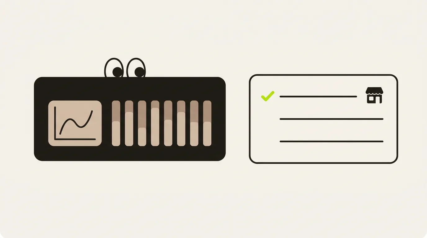 Illustration of an AI Peekaboo alternative: a pair of eyes peeking over a dashboard of charts, beside a single AI answer card with one local business ticked.