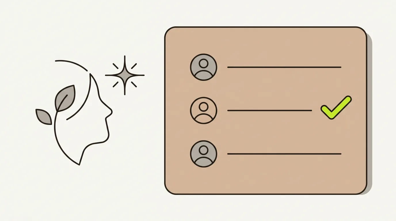 Illustration of AI search for aesthetic clinics: a face profile with a leaf and a sparkle beside an AI answer card listing three clinics, one marked with a green check.