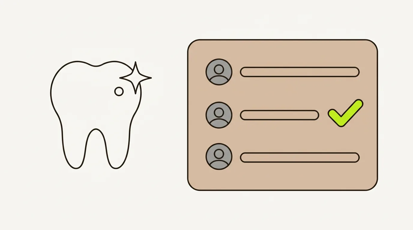 Illustration of AI search for dentists: a tooth outline beside an AI answer card listing three practices, one marked with a green check.