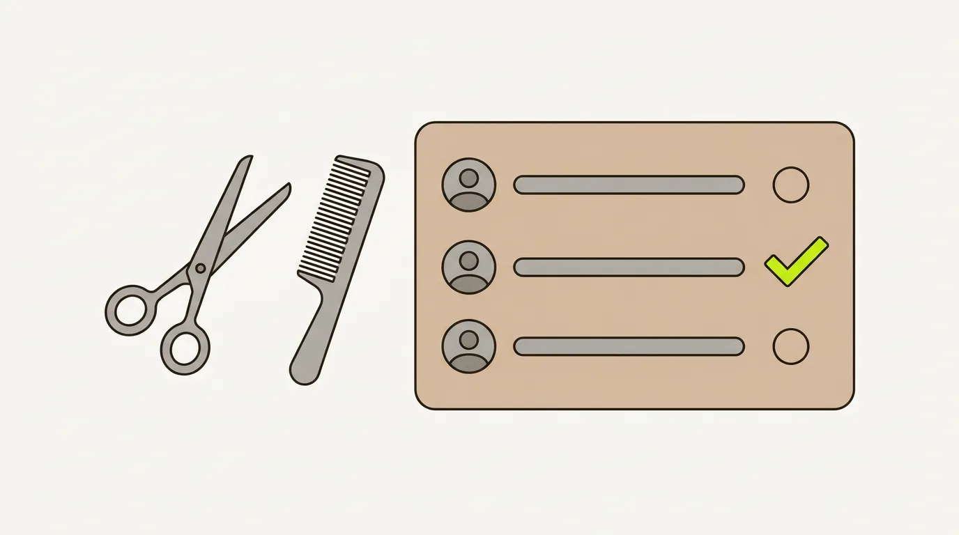 Illustration of AI search for hair salons: scissors and a comb beside an AI answer card listing three salons, one marked with a green check.