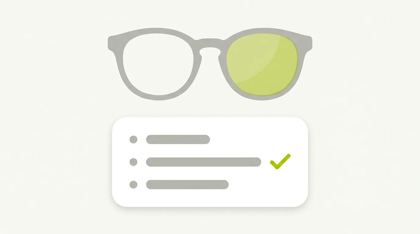 Illustration de la recherche IA pour les opticiens : une paire de lunettes dont un verre est teinté de vert, au-dessus d'une réponse d'IA citant trois opticiens, dont un coché en vert.
