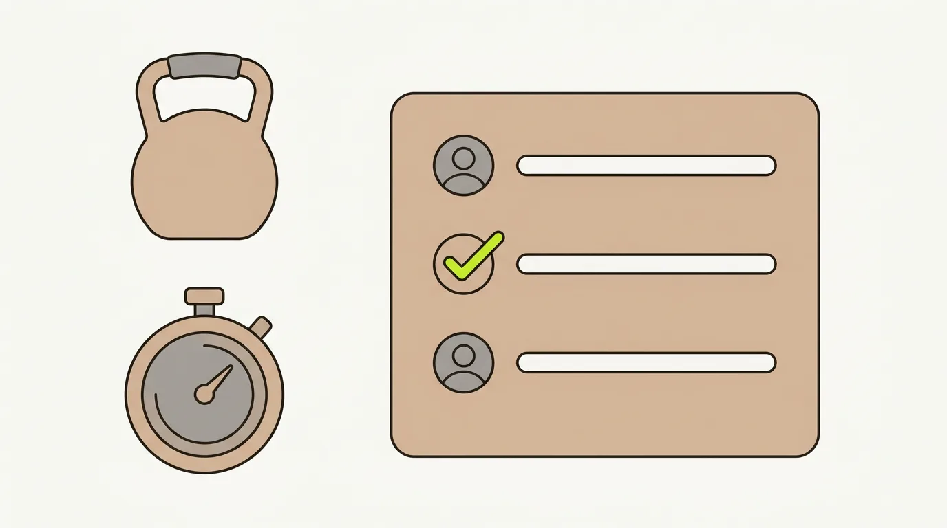 Illustration of AI search for personal trainers: a kettlebell and a stopwatch beside an AI answer card listing three trainers, one marked with a green check.