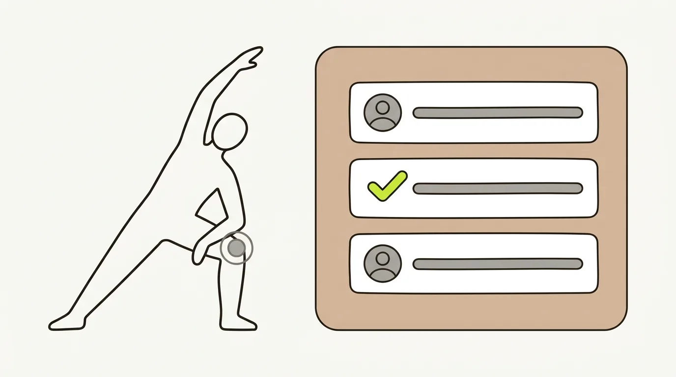 Illustration of AI search for physiotherapists: a figure stretching with a highlighted knee beside an AI answer card listing three clinics, one marked with a green check.