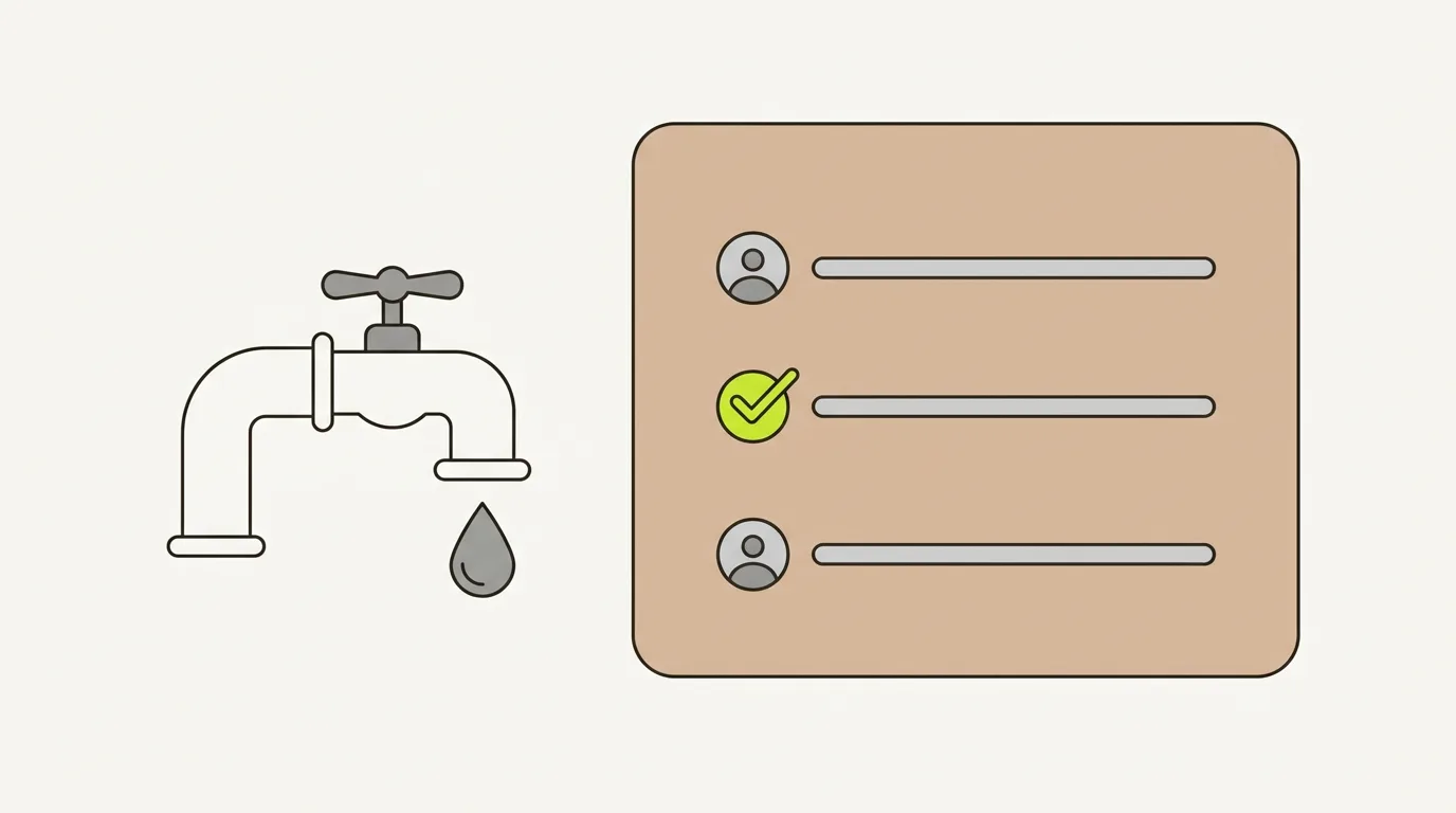 Illustration of AI search for plumbers: a pipe and tap with a water drop beside an AI answer card listing three plumbers, one marked with a green check.