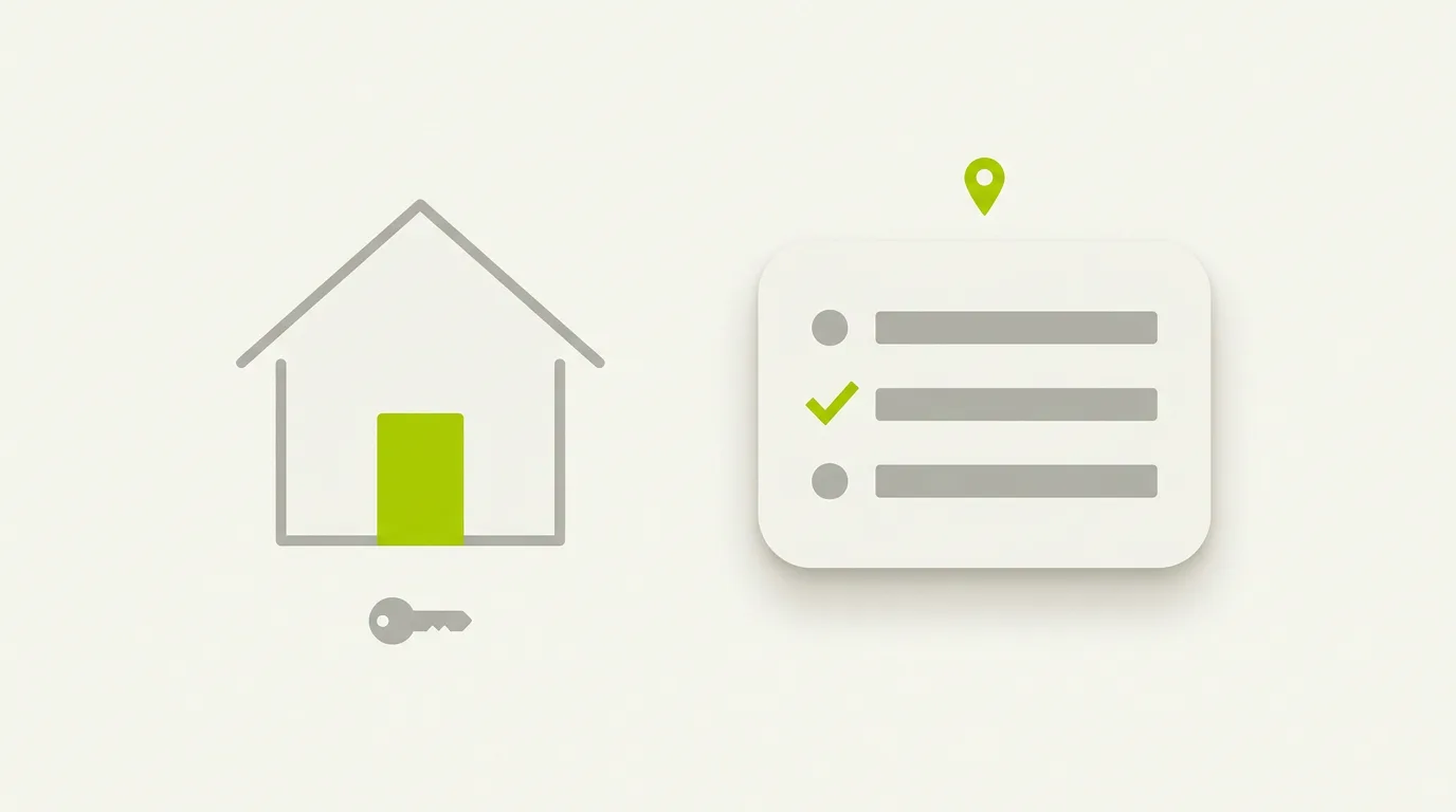 Illustration de la recherche IA pour les agences immobilières : une maison avec une porte verte et une clé à côté d'une réponse d'IA citant trois agences, dont une cochée en vert.