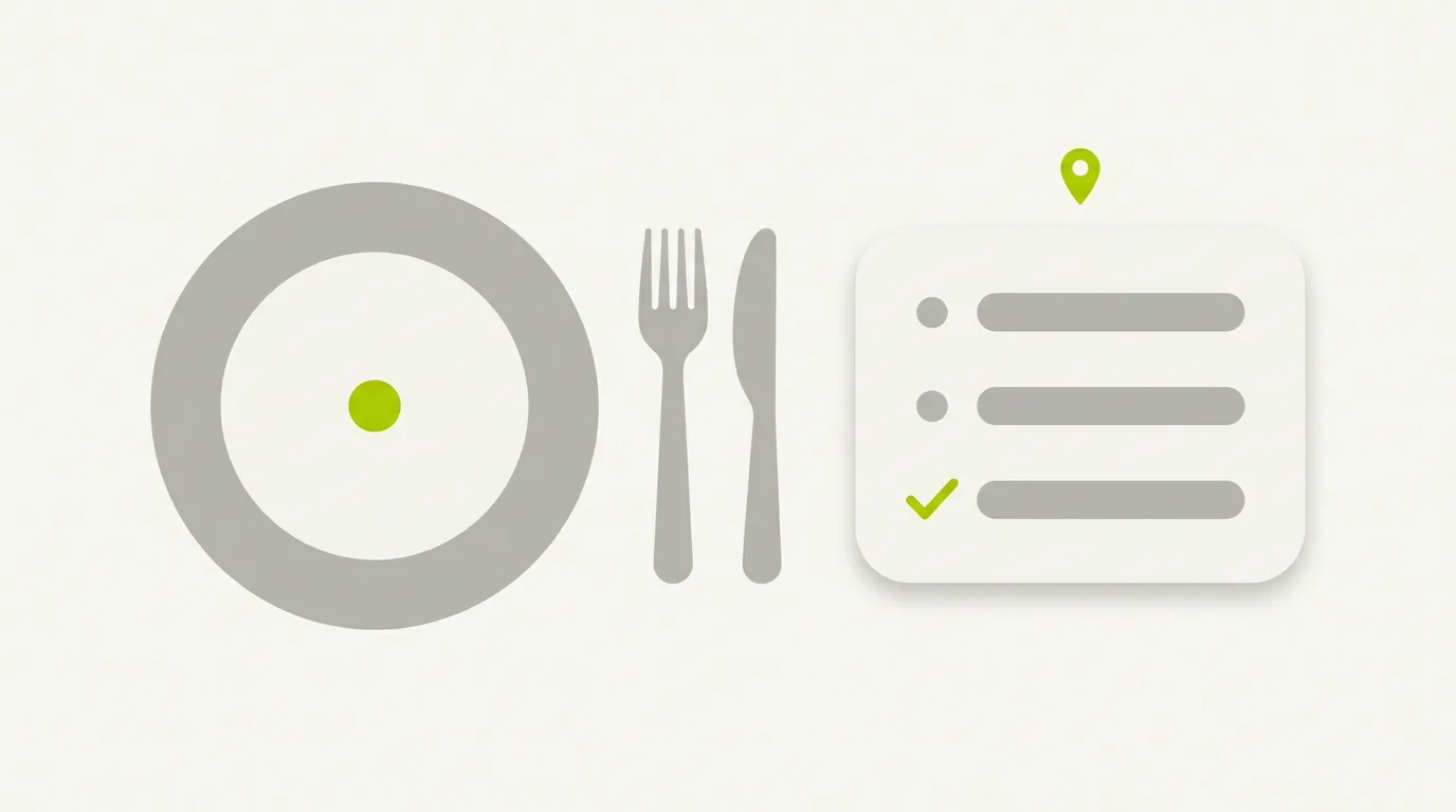 Illustration de la recherche IA pour les restaurants : une assiette et des couverts à côté d'une réponse d'IA citant trois restaurants, dont un coché en vert.