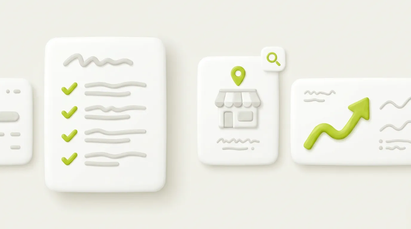 Illustration des services d'optimisation pour la recherche IA : une carte de liste de contrôle avec des coches vertes, une carte de boutique avec une épingle de localisation et une icône de recherche, et une flèche de tendance ascendante.