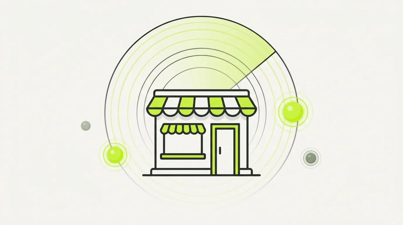 Illustration of a local storefront under a radar sweep with AI assistant orbs around it, some lit and some dim, representing a business's visibility across AI search.