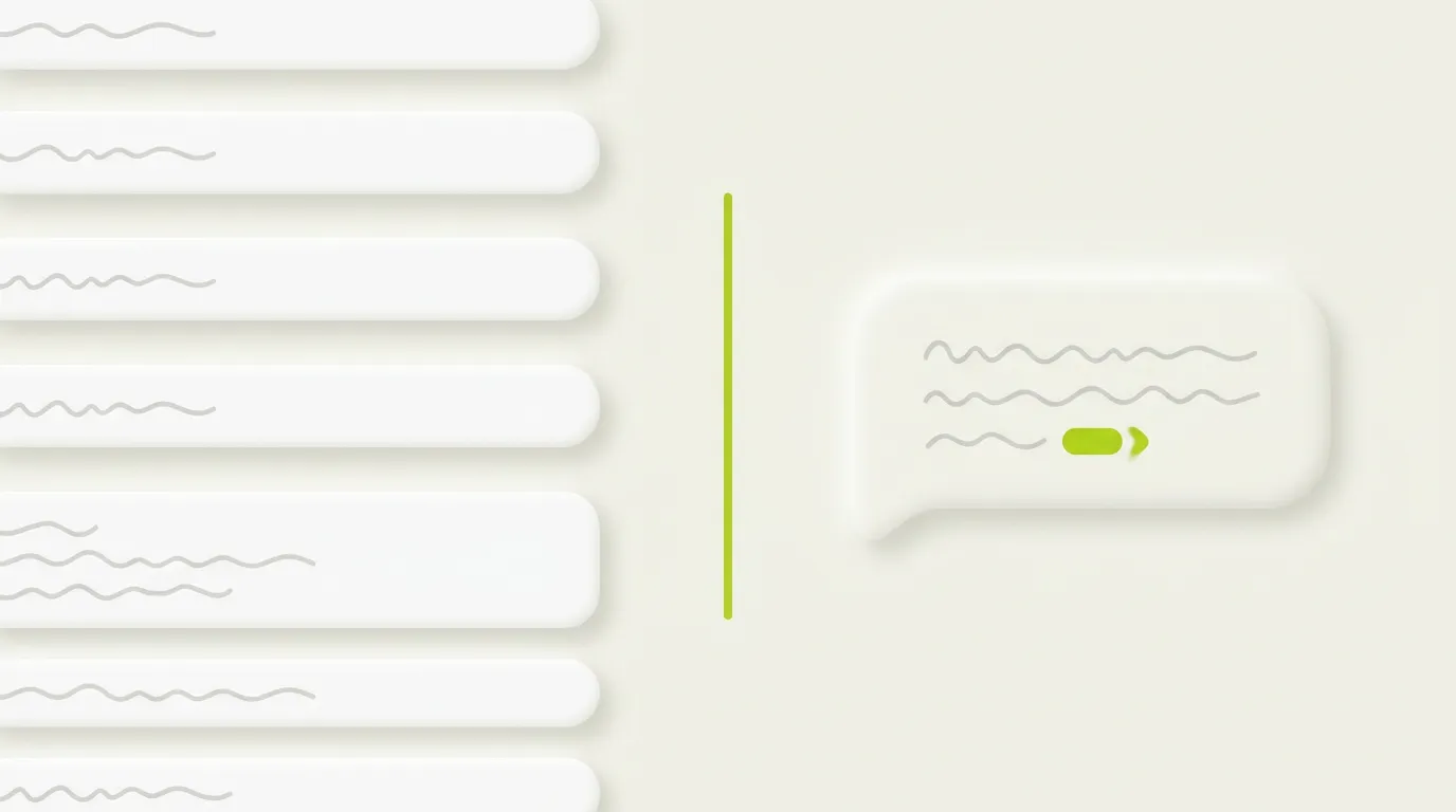 Conceptual illustration comparing classic Google search and AI search: a stack of plain result bars on the left and a single conversational answer bubble on the right, split by a green divider.
