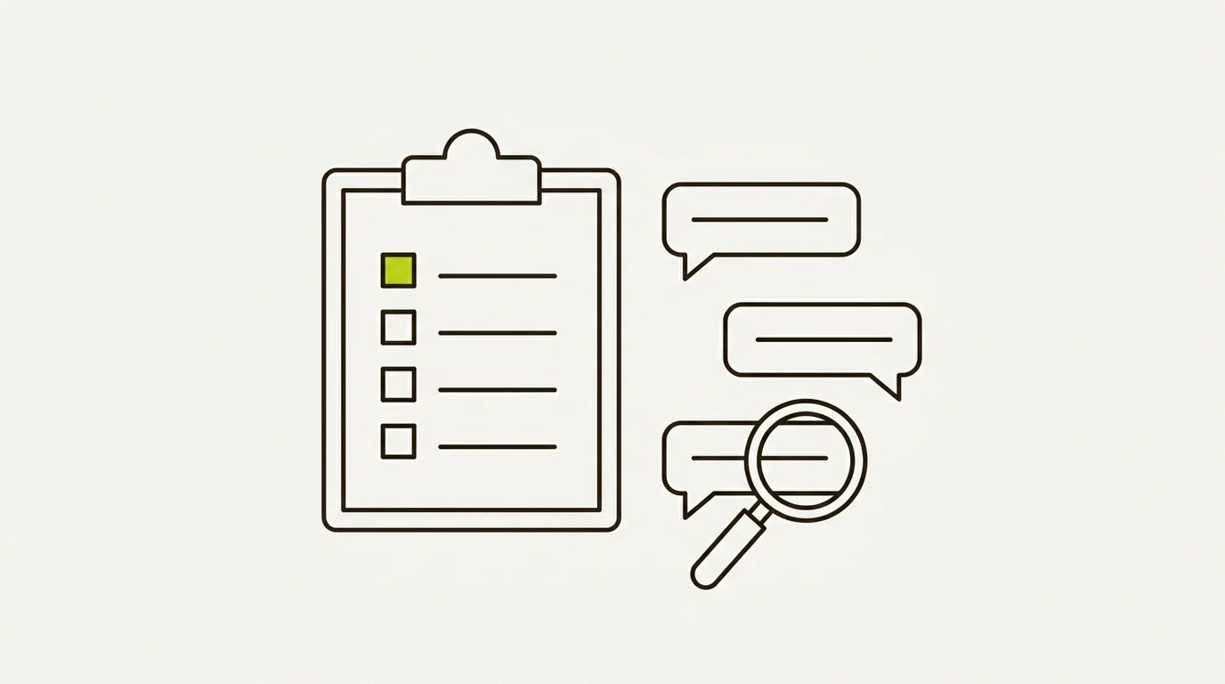 Illustration of an AI visibility audit: a clipboard checklist with the first box ticked, beside three chat answers, one of them under a magnifying glass.