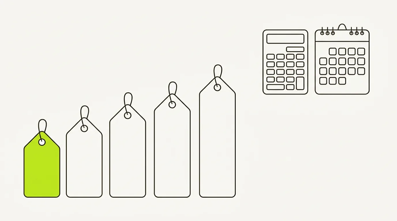 Illustration of AI visibility tool pricing: a row of price tags of rising size, from a small tag marked once to a tall tag marked per month, next to a calculator and a calendar.