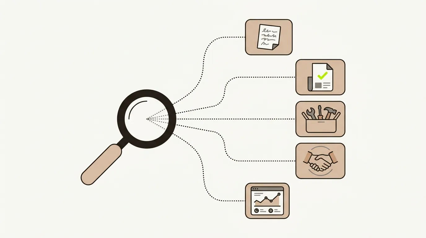 Illustration of alternatives to an AI visibility tracker: five paths branching from a magnifying glass to a hand-written note, a single report, a toolbox, a handshake and a dashboard.