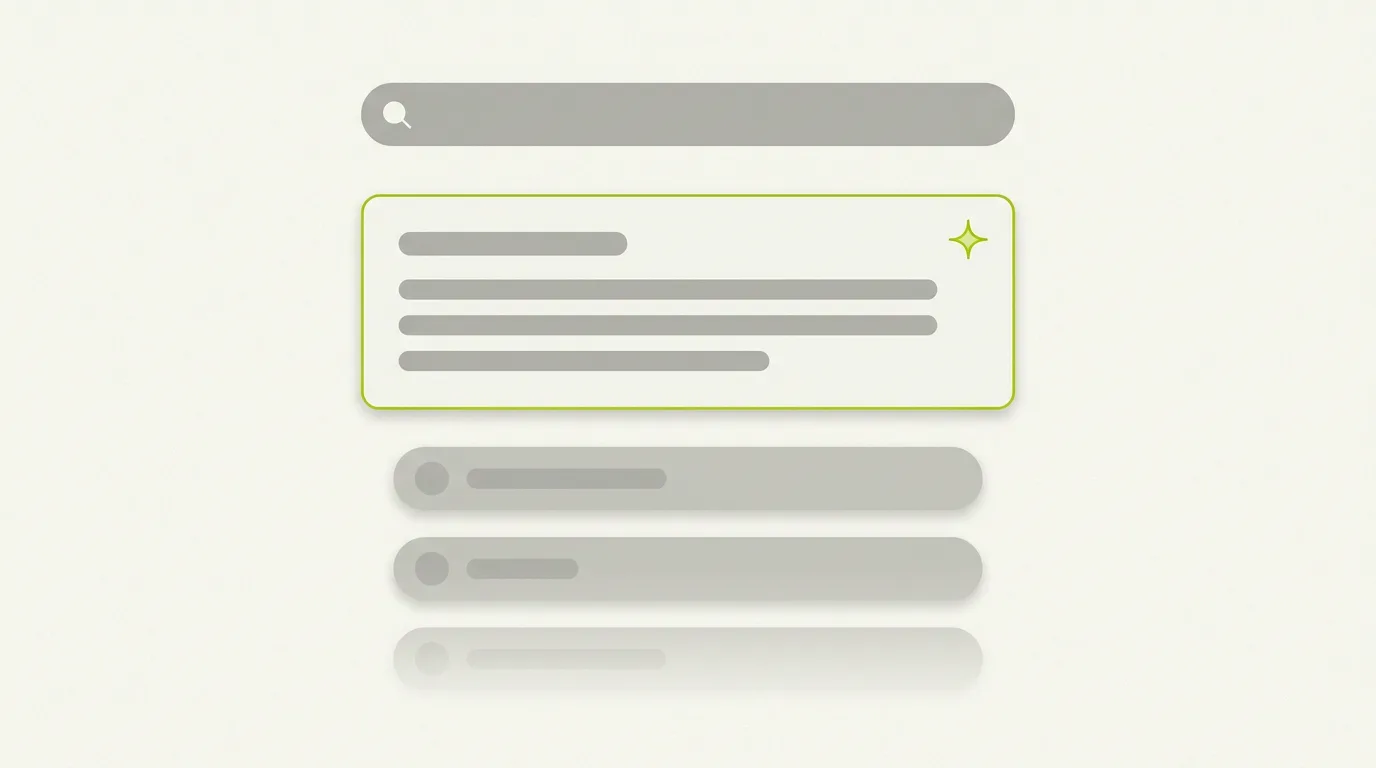 Illustration des Aperçus IA de Google : une barre de recherche, puis un résumé généré par l'IA encadré de vert au-dessus de trois résultats classiques.