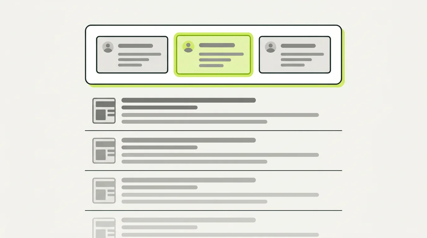 Illustration of a Google-style results page with an AI answer panel at the top featuring three business cards, one highlighted, above greyed-out link results.