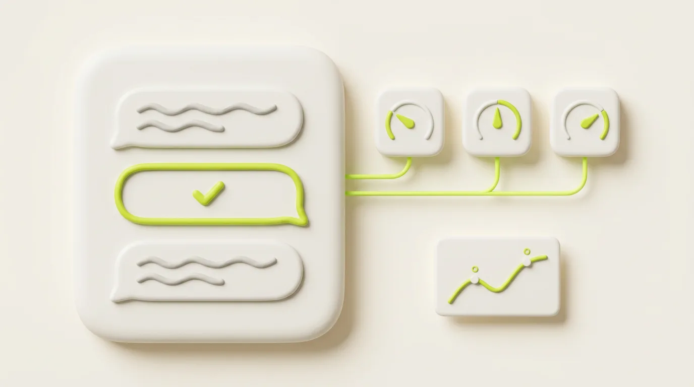 Illustration des outils de suivi de position Gemini : une réponse IA où une entreprise est cochée, vérifiée sur trois jauges qui donnent des lectures différentes, à côté d'une courbe qui monte.
