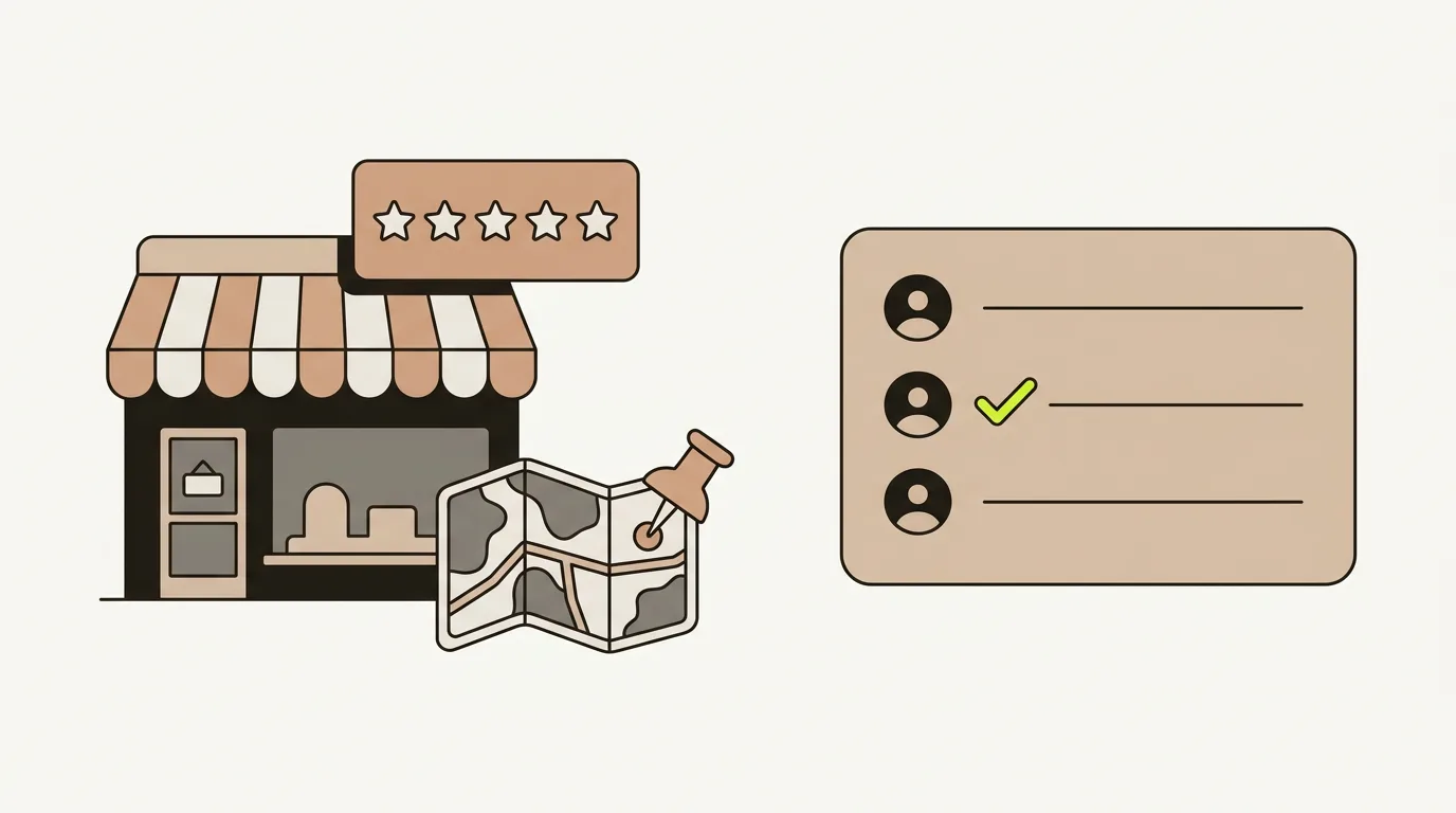Illustration of a BrightLocal alternative for AI visibility: a shopfront with a star rating card and a map pin, beside an AI answer card with one business ticked.
