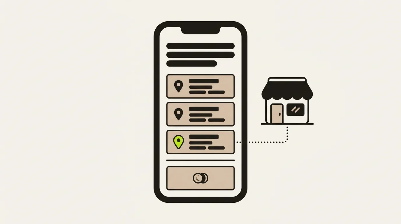Illustration of a phone showing an AI answer with a short list of local businesses, one marked with a green pin, and a separate sponsored card below the answer.