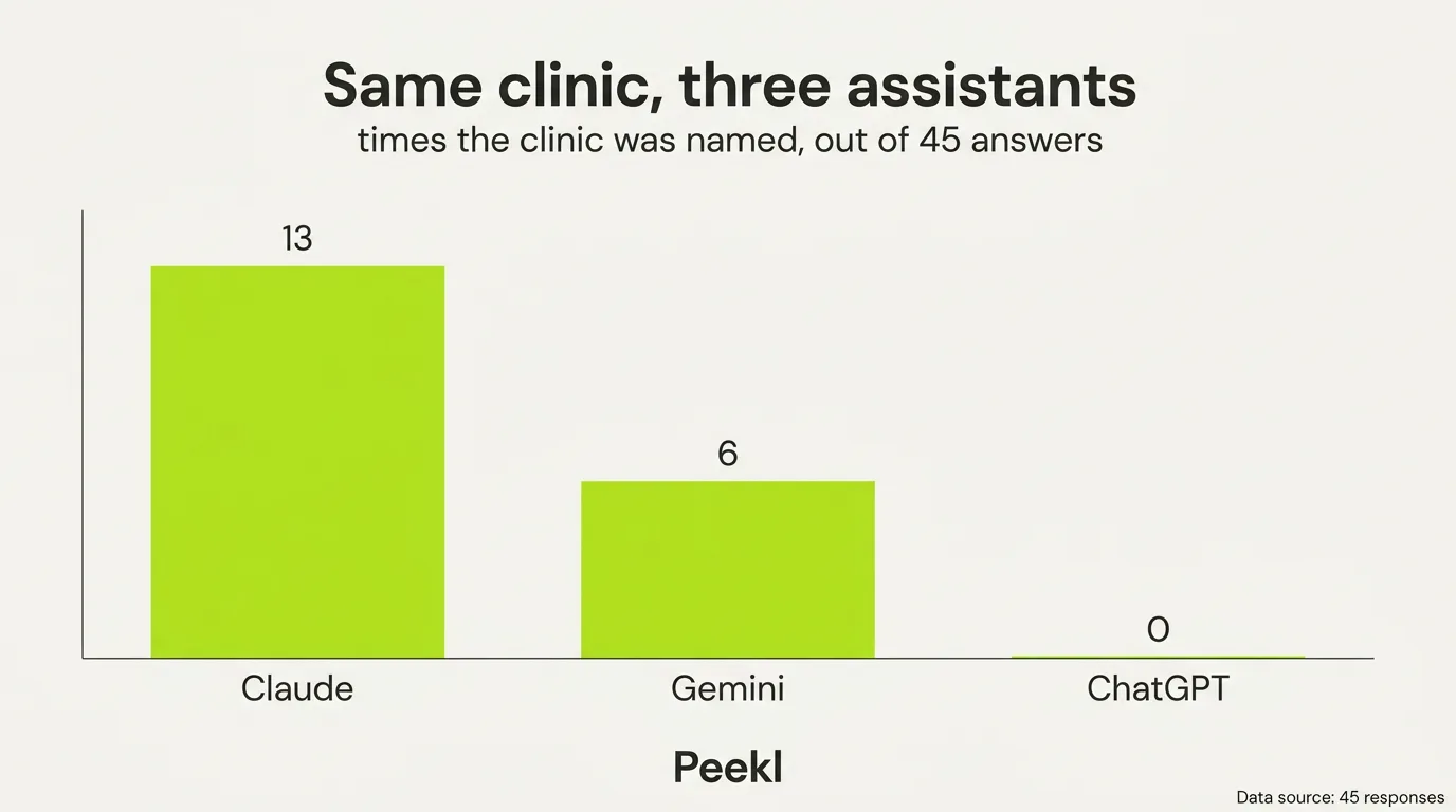 Bar chart showing the same clinic named by Claude 13 times, Gemini 6 times and ChatGPT 0 times across 45 answers.