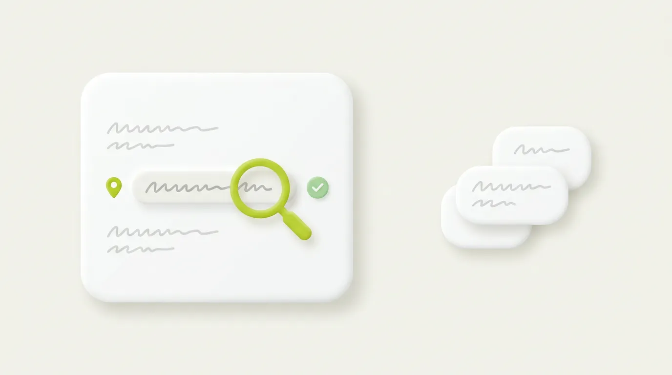 Illustration of checking whether ChatGPT names a local business: a magnifying glass inspecting an AI answer with a highlighted result, a location pin and a check mark.