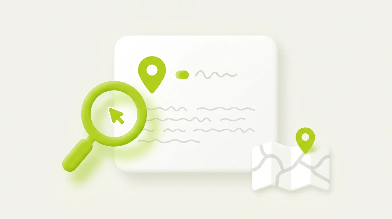 Illustration of checking whether Gemini recommends a local business: a magnifying glass over an AI answer panel with location pins and a small map.