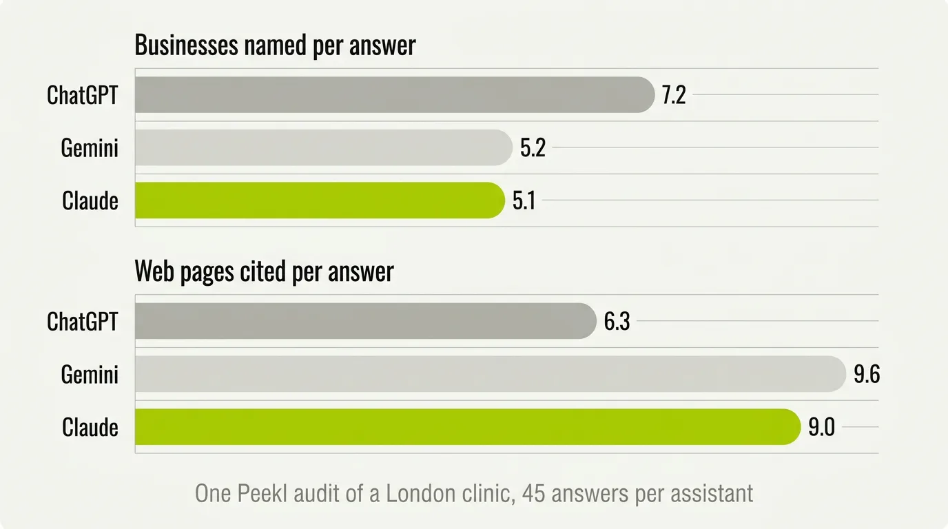 Grouped bar chart from one Peekl audit of a London clinic, 45 answers per assistant: businesses named per answer, ChatGPT 7.2, Gemini 5.2, Claude 5.1; web pages cited per answer, ChatGPT 6.3, Gemini 9.6, Claude 9.0.