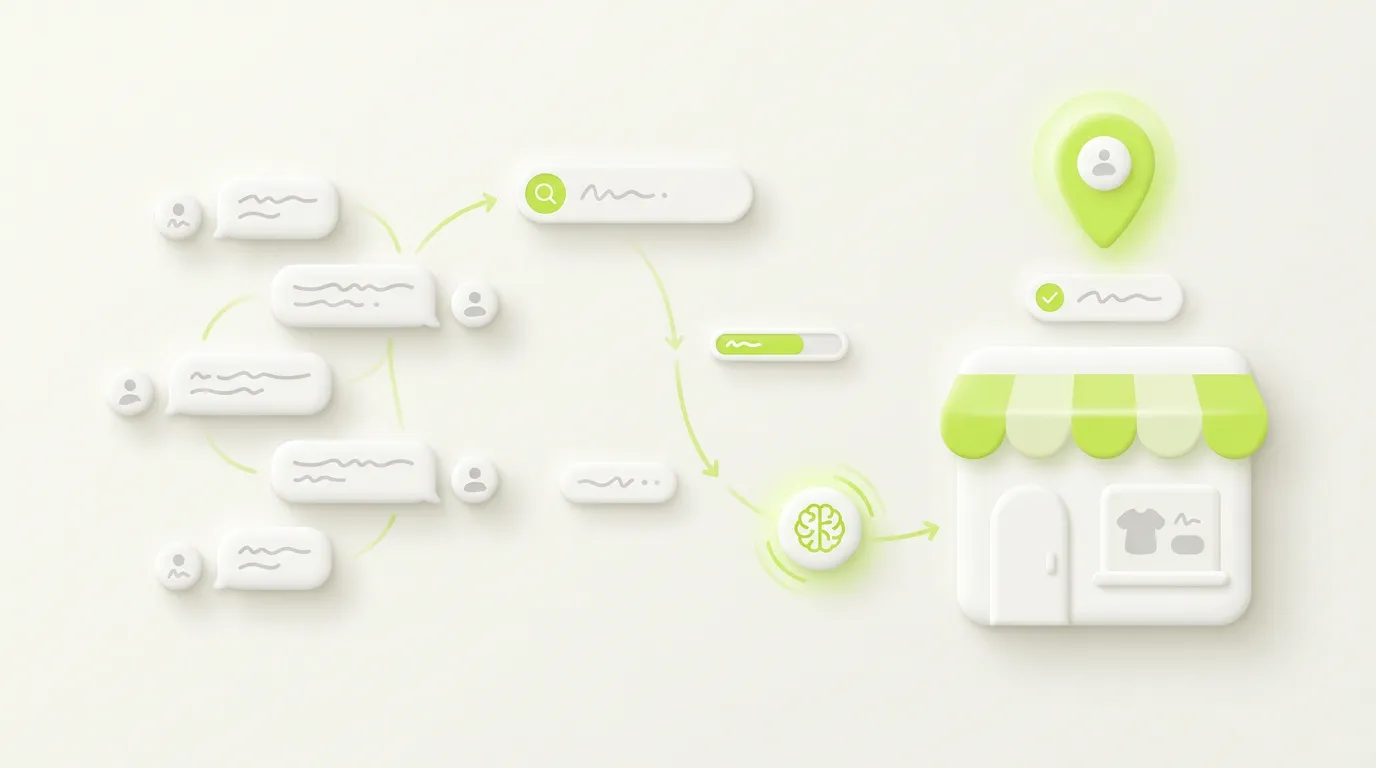 Illustration of people asking an AI assistant to find a local business: several chat bubbles flowing through a search bar and an AI icon to a storefront marked with a location pin.