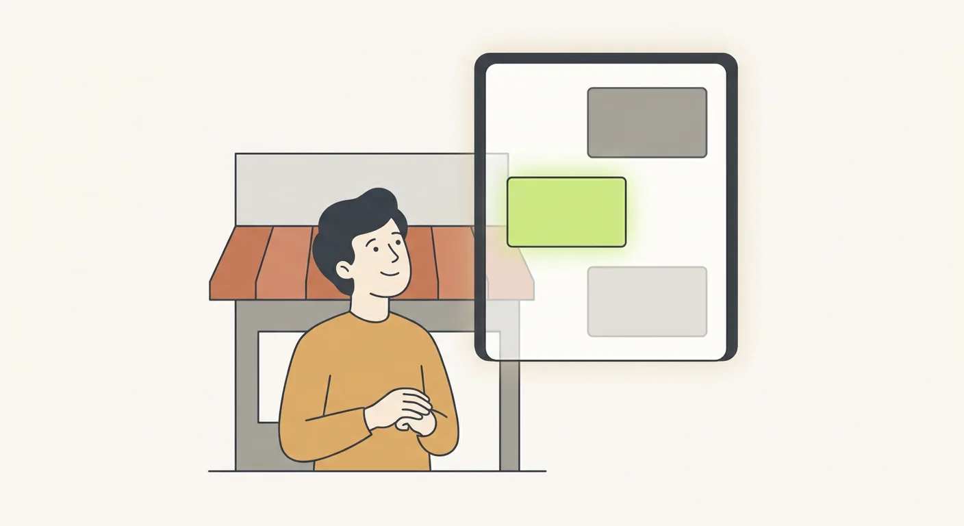 Illustration of a small business owner asking an AI assistant whether it recommends their business, with one business highlighted and one left out.