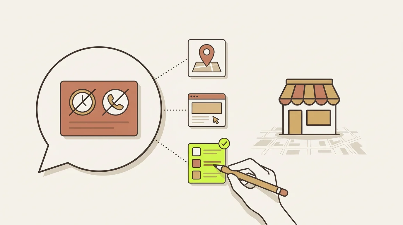 Illustration of an AI chat bubble showing a business card with its clock and phone crossed out, linked to a map pin, a website and a directory list that a hand is correcting with a pencil, next to a small shop.