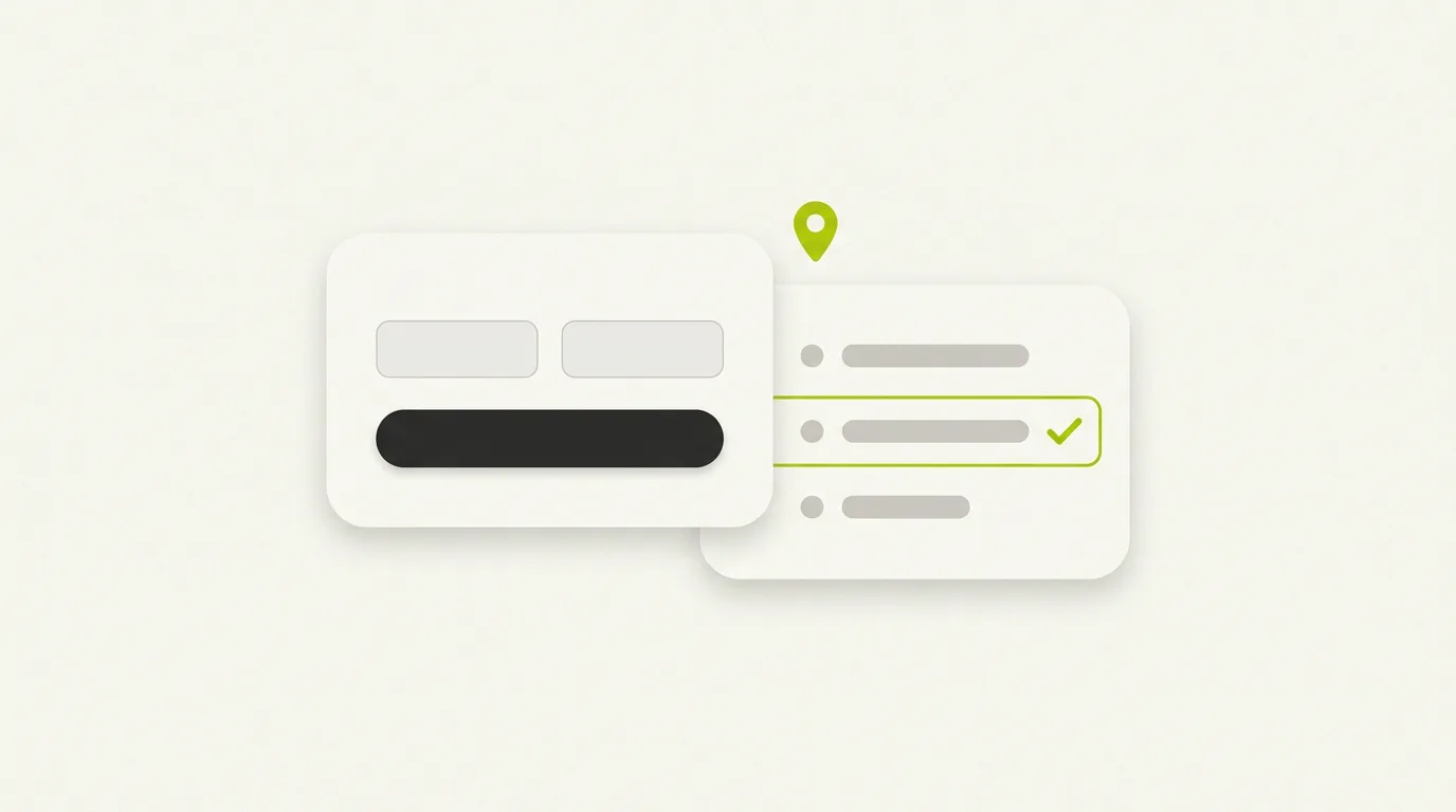 Illustration of a free AI visibility check: a simple two-field form beside an AI answer list where one business is marked with a green check.