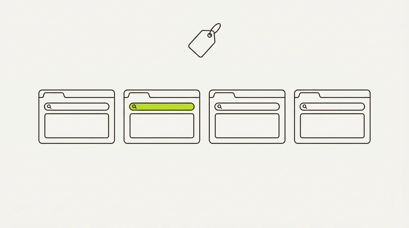 Illustration du comparatif des outils gratuits de visibilité IA : quatre fenêtres de navigateur côte à côte, chacune avec une barre de recherche, l'une d'elles mise en avant, sous une petite étiquette de prix.