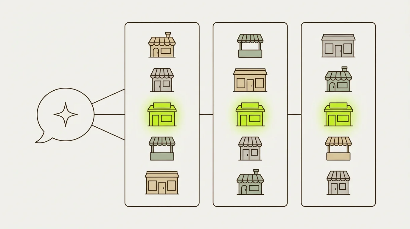 Illustration of an AI assistant's speech bubble linked to three answer cards of shop fronts, where only one shop, in lime green, appears in all three answers.