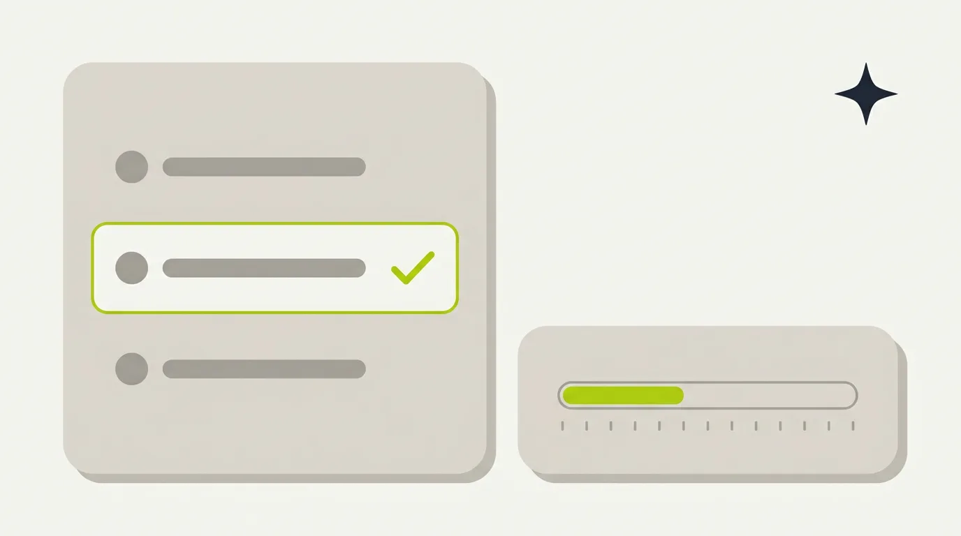 Illustration of a Gemini visibility check: an AI answer card listing three local businesses with one highlighted by a green check, beside a progress meter of twelve questions.
