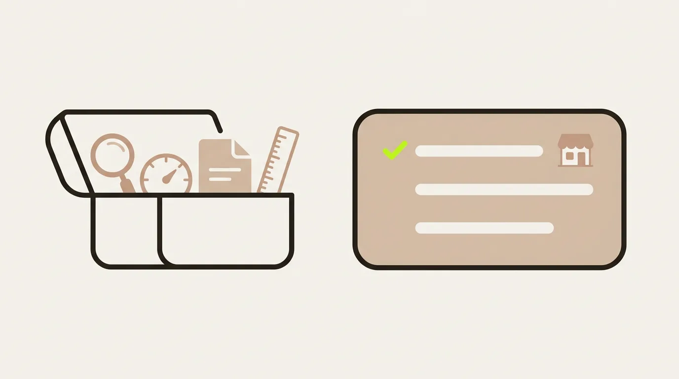 Illustration of a Geoptie alternative: an open toolbox of small optimisation tools, beside a single AI answer card with one local business ticked.