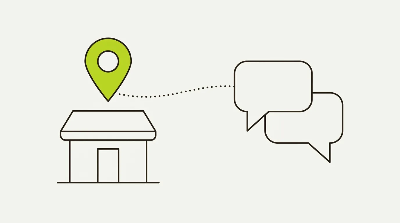 Illustration of a Google Business Profile feeding AI assistants: a shopfront with a map pin above it, joined by a dotted line to two chat speech bubbles.
