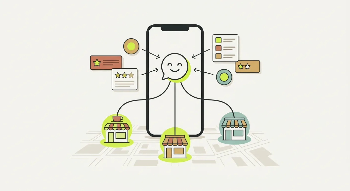 Illustration of an AI assistant on a phone recommending local businesses from a city map, drawing on reviews and directory listings.