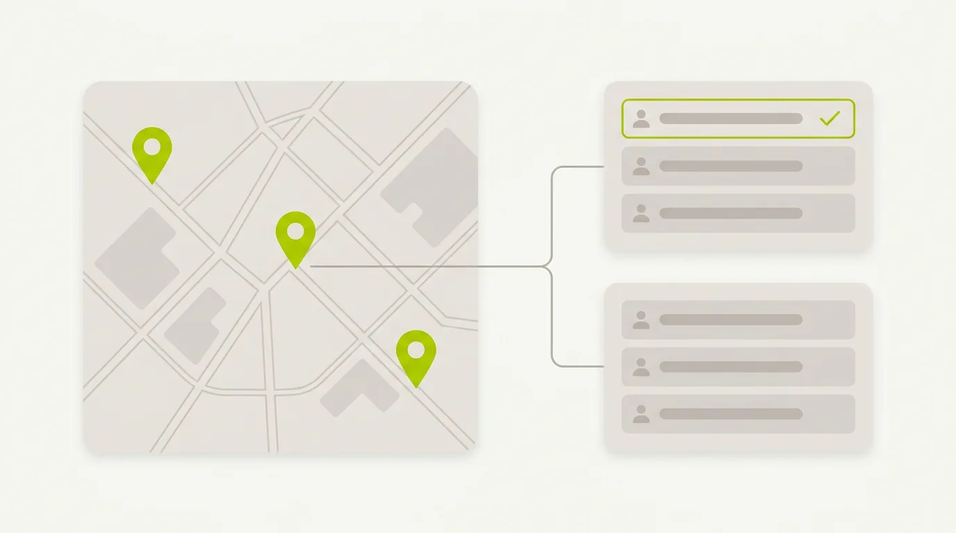 Illustration of local AI visibility: a city map with three location pins linked to two AI answer cards, one business highlighted in one card and absent from the other.