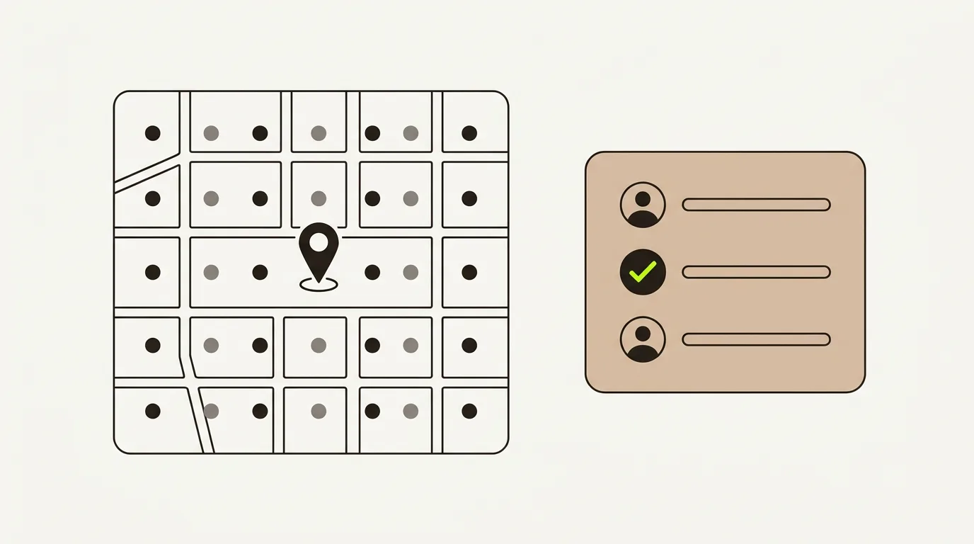 Illustration of a Local Falcon alternative: a city map with a grid of scan points around a location pin, beside an AI answer card with one business ticked.