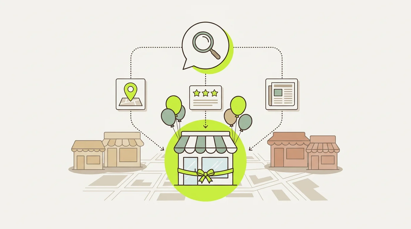 Illustration d'une boutique qui vient d'ouvrir, avec des ballons, sur un plan de ville, reliée par des pointillés à une épingle de carte, une fiche d'avis et un journal que lit une bulle de recherche IA.