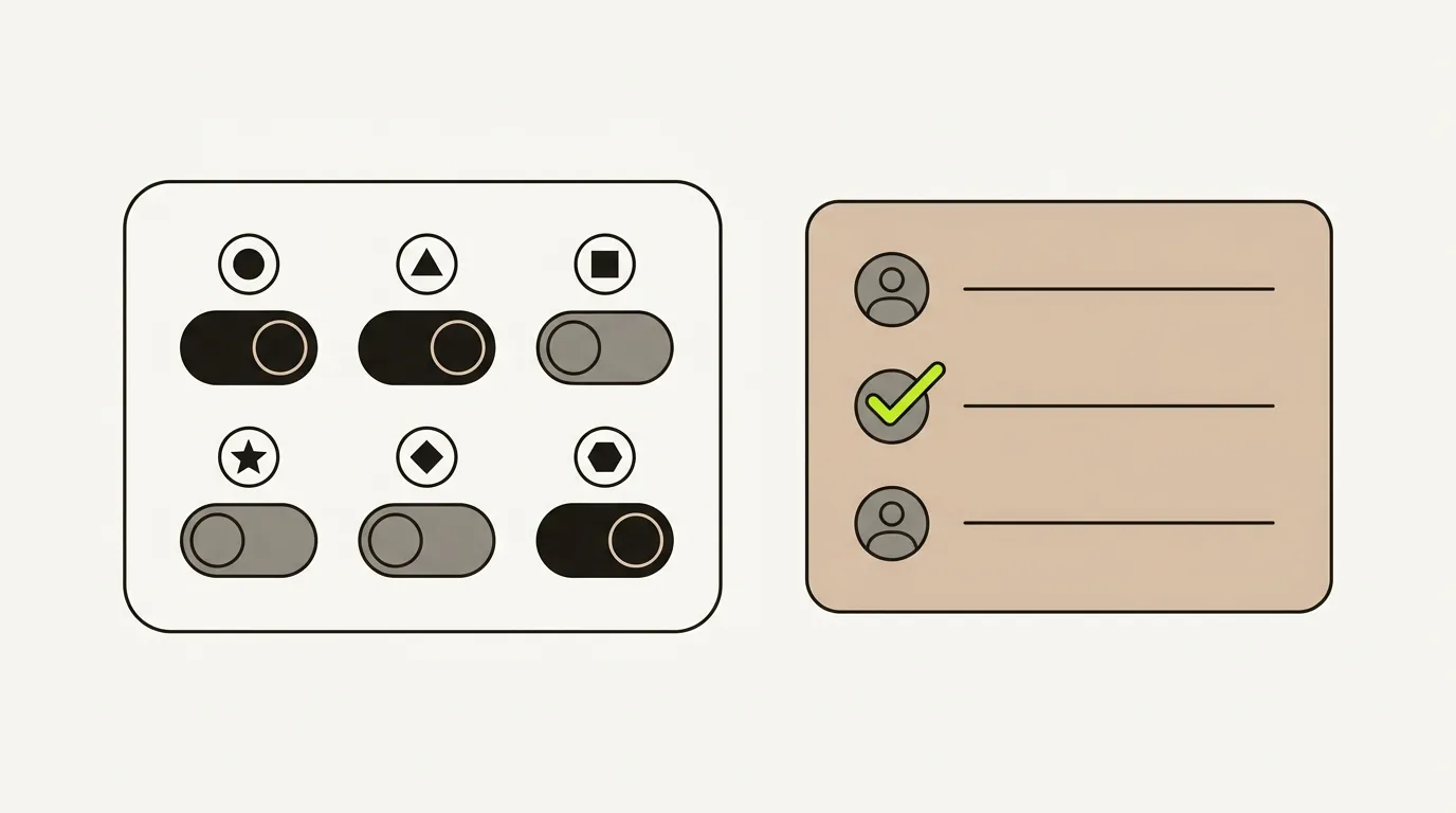 Illustration of a Peec AI alternative: a panel of six assistant tiles with three switched on, beside an AI answer card where one local business is ticked.