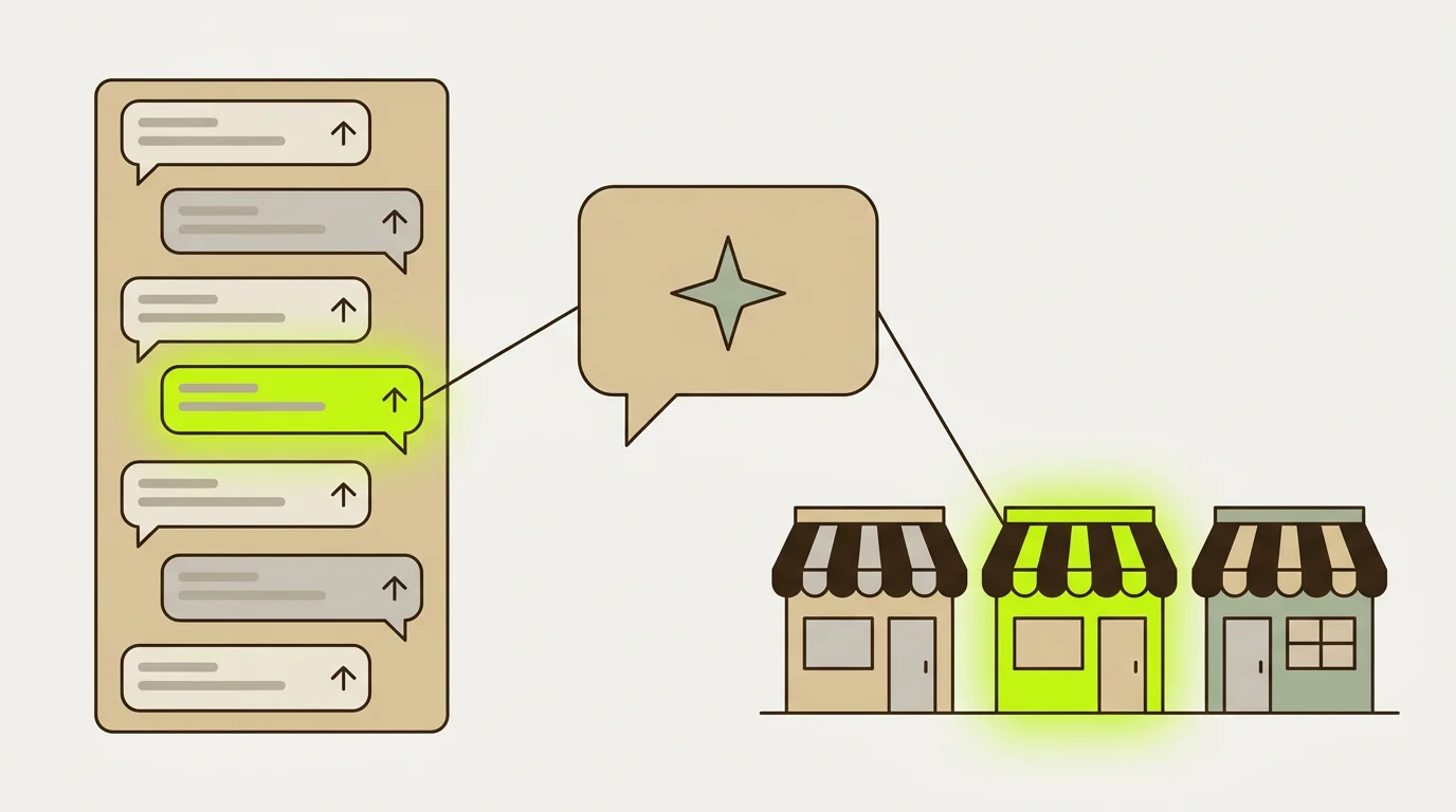 Illustration of an online discussion thread with one highlighted comment, linked through an AI assistant's speech bubble to one of three local shop fronts, highlighted in lime green.