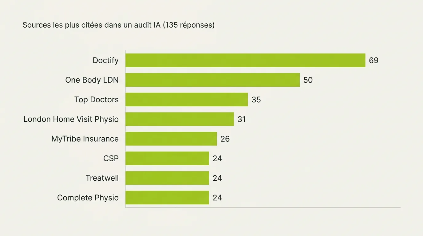 Diagramme à barres des sources que les assistants IA ont le plus citées lors d'un audit Peekl d'une clinique de kinésithérapie londonienne (135 réponses) : Doctify 69, One Body LDN 50, Top Doctors 35, London Home Visit Physio 31, MyTribe Insurance 26, CSP 24, Treatwell 24, Complete Physio 24.