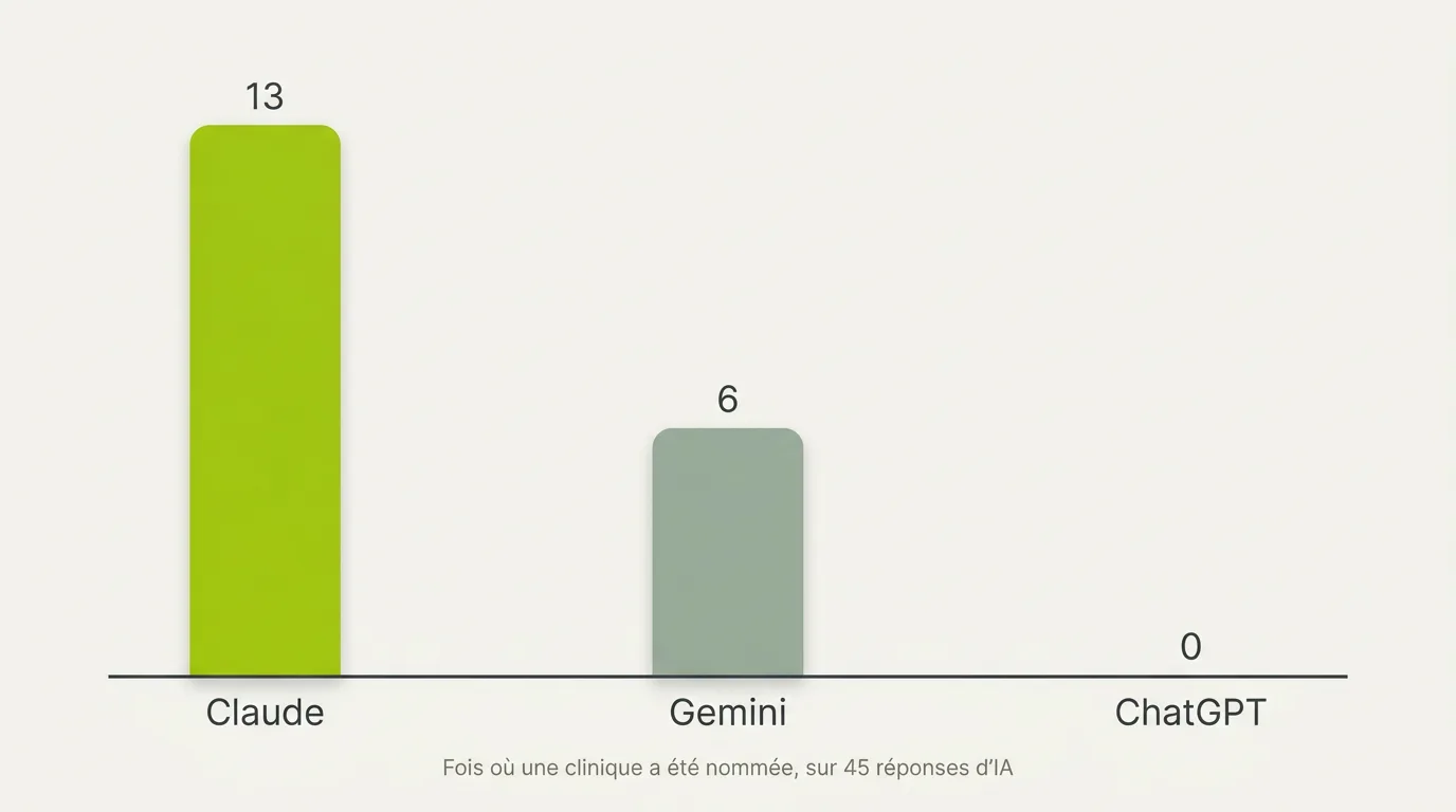 Diagramme à barres d'un scan Peekl : un cabinet établi a été cité par Claude dans 13 réponses sur 45, par Gemini dans 6, et par ChatGPT dans 0, illustrant la barre plus haute de Claude pour nommer une entreprise.