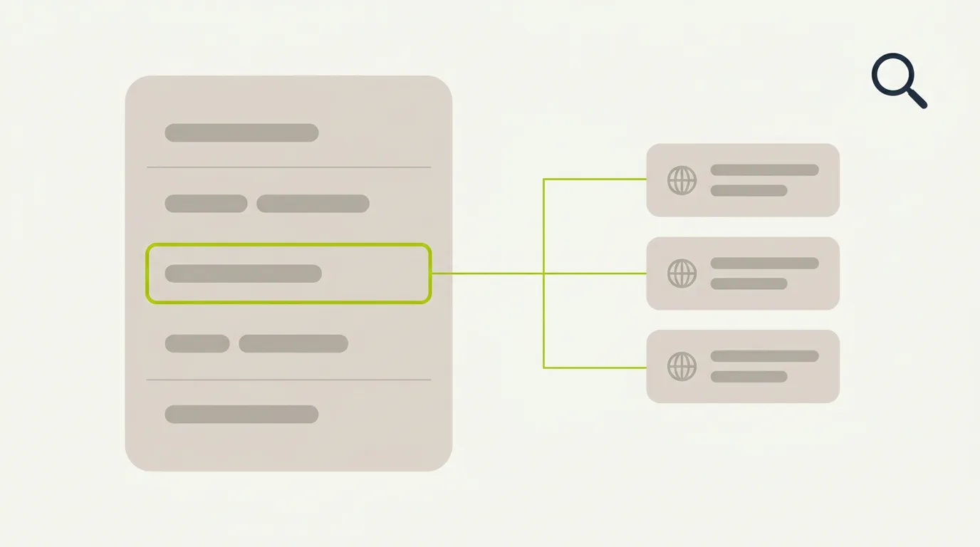 Illustration of AI source tracking: a spreadsheet-style log with one highlighted row connected by lines to three cited website cards, with a magnifying glass.