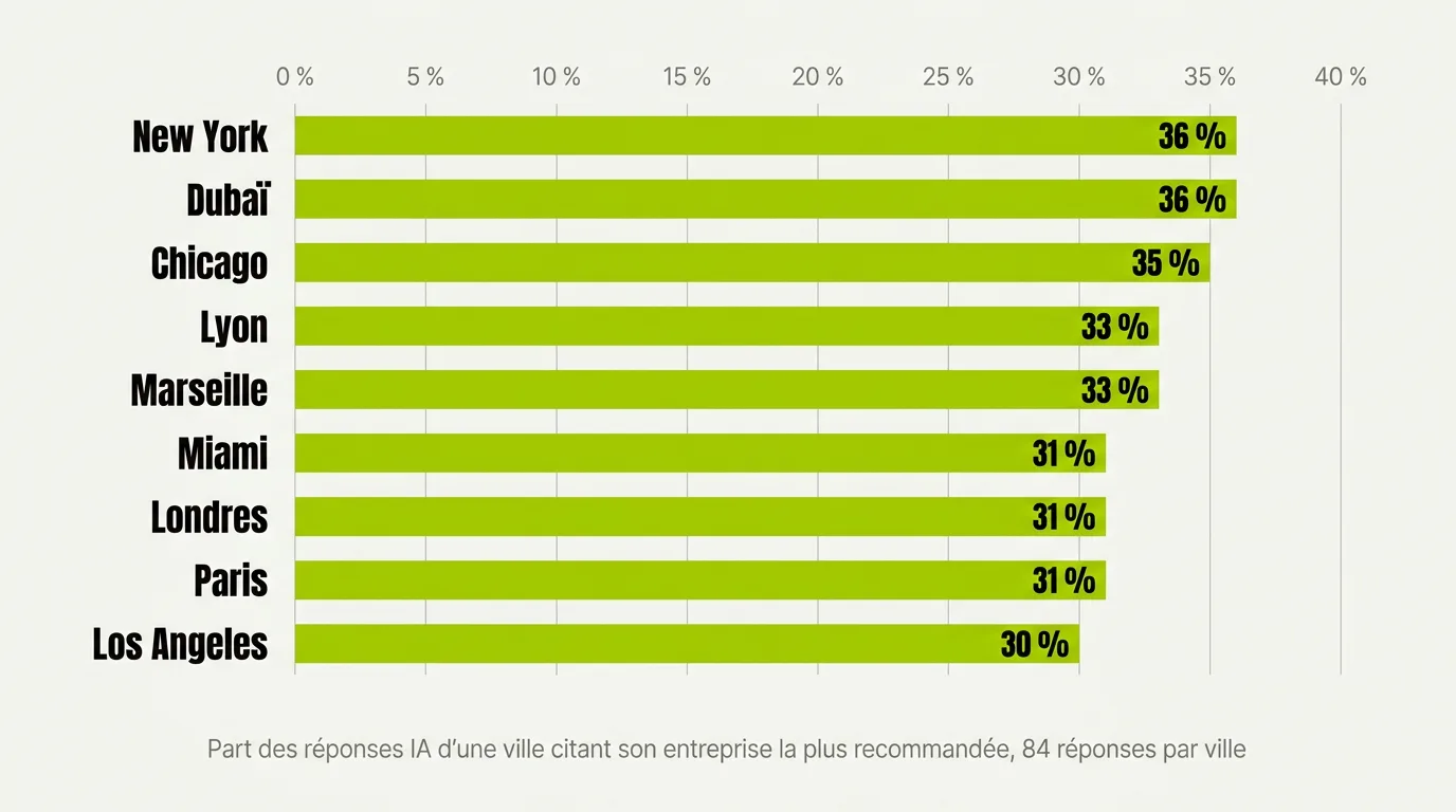 Graphique en barres de neuf villes issu de 756 réponses de scans Peekl, montrant la part des réponses IA d'une ville citant son entreprise la plus recommandée : New York 36 %, Dubaï 36 %, Chicago 35 %, Lyon 33 %, Marseille 33 %, Miami 31 %, Londres 31 %, Paris 31 %, Los Angeles 30 %.