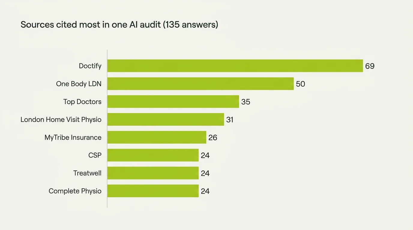 Horizontal bar chart of the sources AI assistants cited most in one Peekl audit of a London physiotherapy clinic (135 answers): Doctify 69, One Body LDN 50, Top Doctors 35, London Home Visit Physio 31, MyTribe Insurance 26, CSP 24, Treatwell 24, Complete Physio 24.