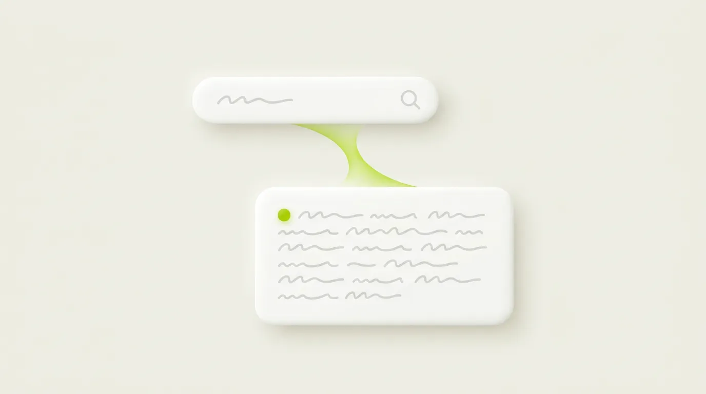 Conceptual illustration of AI search: a search bar flowing into a conversational AI answer panel filled with placeholder text and a green accent dot.