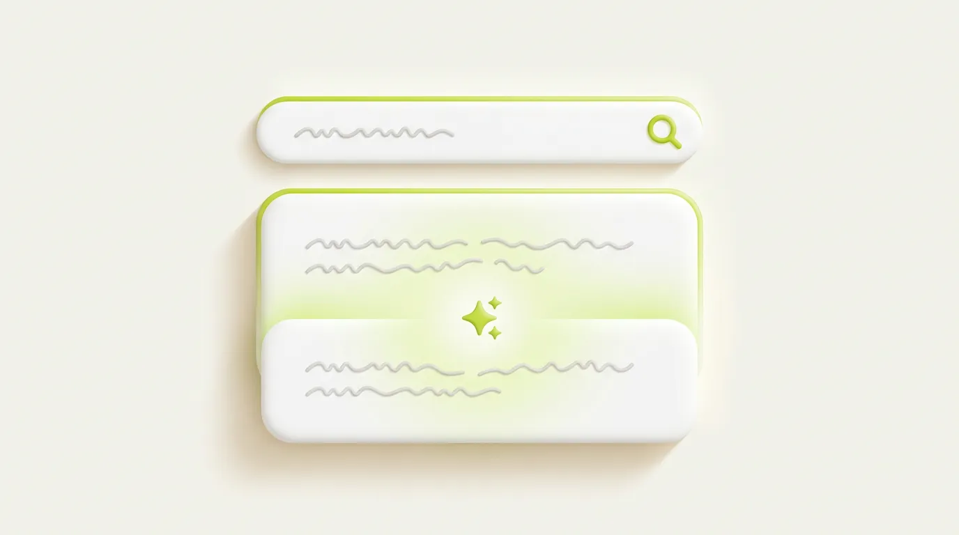 Conceptual illustration of Google AI Mode: a search box with an AI answer panel expanding beneath it, marked with a green sparkle.