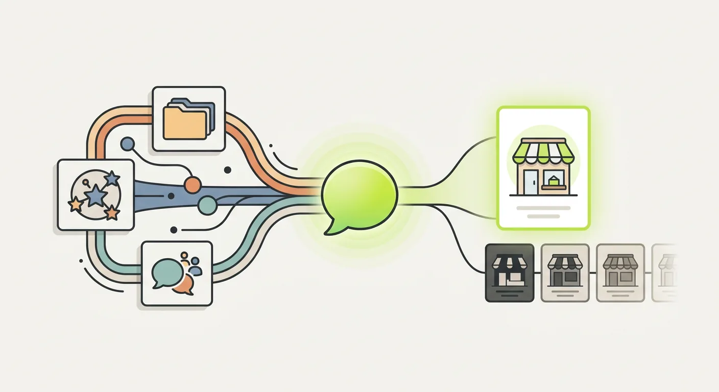 Illustration of an AI assistant drawing on directories, review platforms and community sites to choose which local business to recommend.