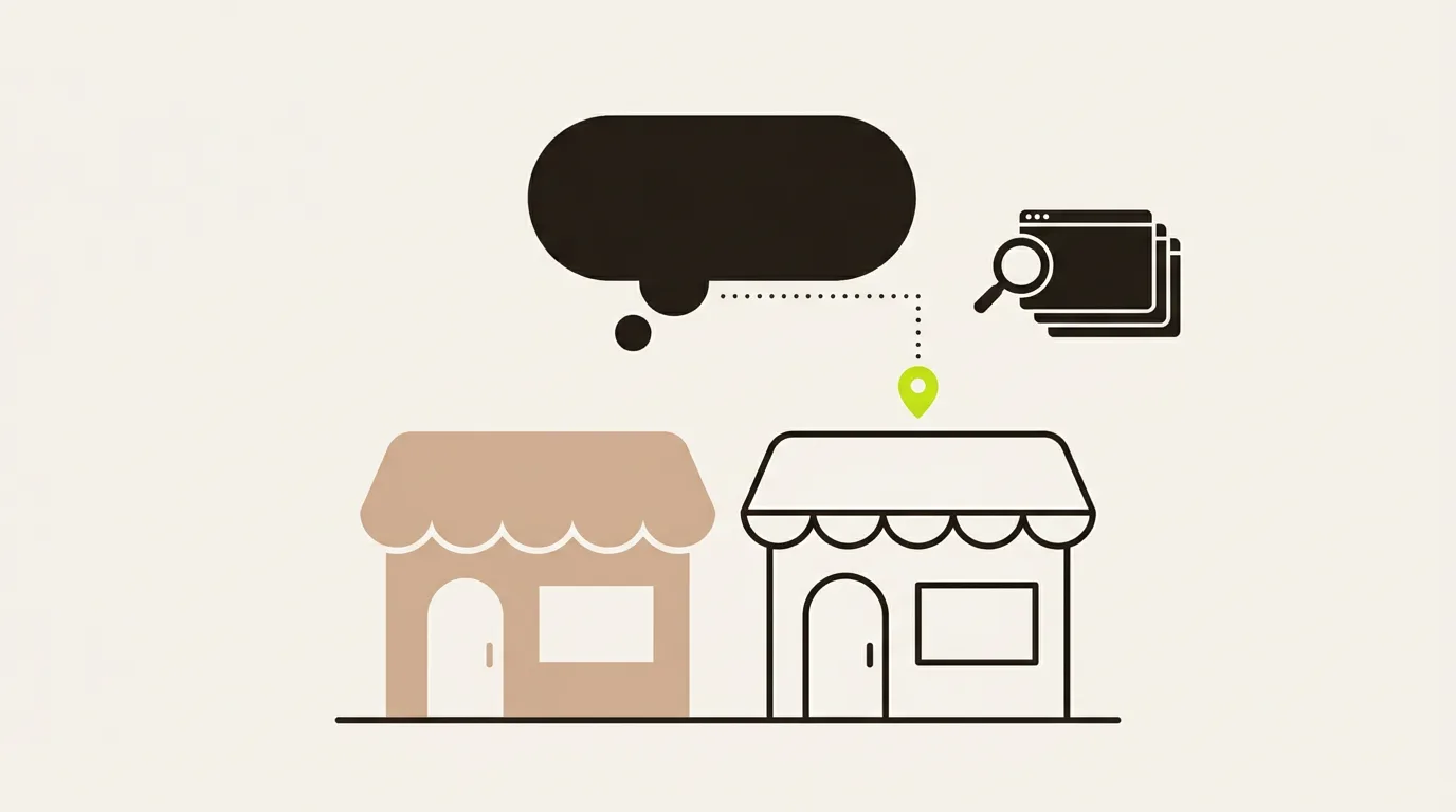 Illustration de deux commerces côte à côte : la bulle d'un assistant IA ne pointe que vers l'un d'eux, et une loupe passe sur les pages web qu'il a lues.